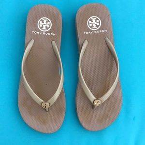 Tory Burch tan wedge flip flops